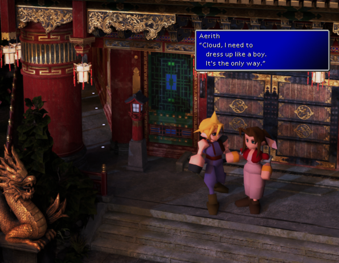 Text - Aerith: "Cloud, I need to dress up like a boy. It's the only way."
Image description - Cloud and Aerith standing outside Don Corneo's mansion.