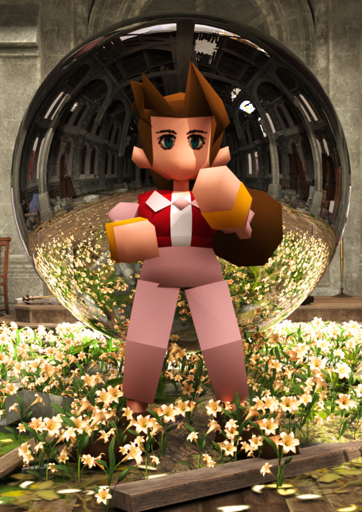 Aerith in her church. There is a reflective orb in the background.